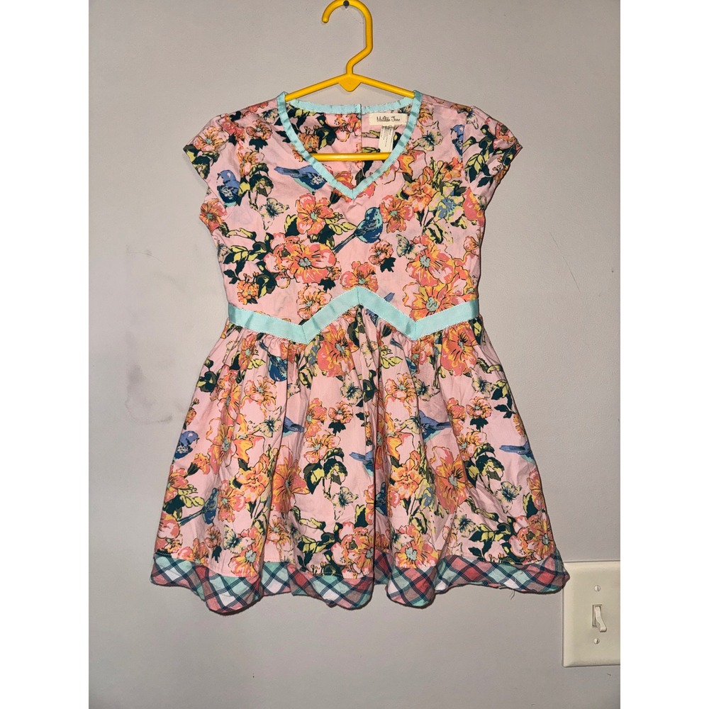 Matilda Jane Girls Pink Floral Bluebird Dress Plaid Hem Size 4